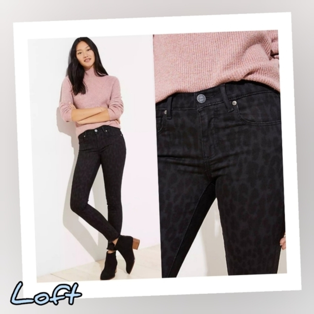 LOFT Black Modern Skinny Jeans Size 18 Black Leopard Print NWT